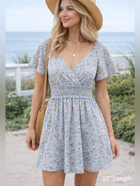 Altar'd State Blue Floral Smocked Mini Dress Faux Wrap Top Flutter Sleeve Medium